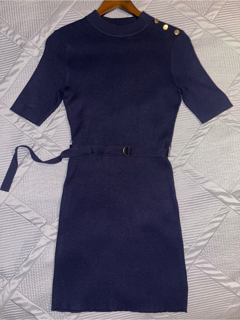 Navy Short-Sleeve Knit Belted Dress